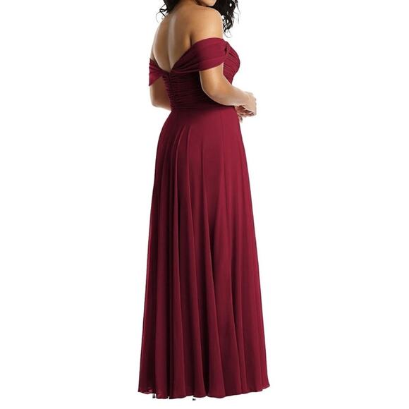 Dessy Collection Off Shoulder Draped Chiffon Maxi Dress Burgundy Women's 4 $284 - Picture 3 of 11